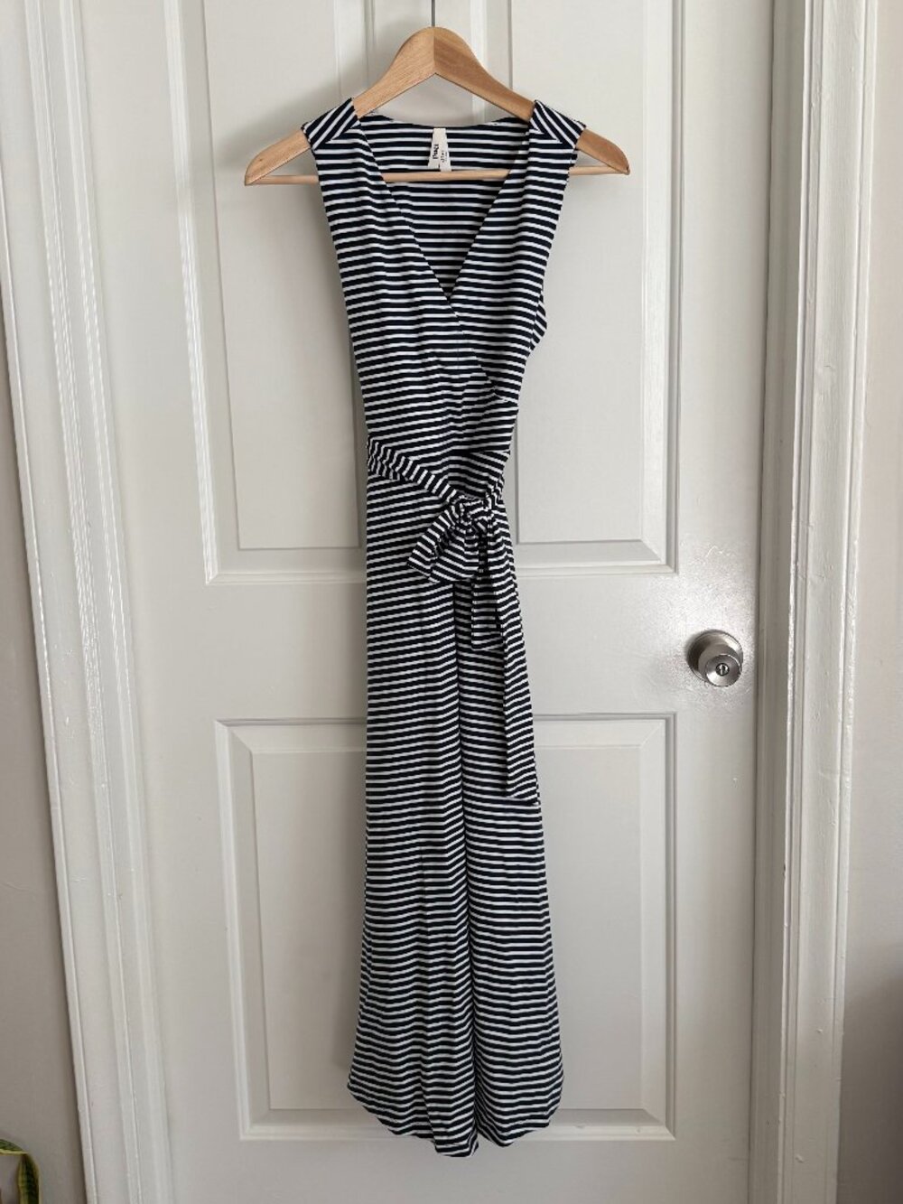 Like New Pact Navy and White Striped Crossover Midi Dress, Size Small